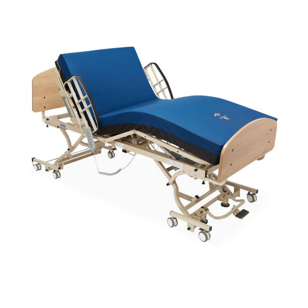 The Alterra 1385 Hi/Low Long-Term Care Hospital Bed features an adjustable frame with a blue mattress, wooden headboard and footboard, metal side rails meeting FDA entrapment guidelines, and wheels, pictured on a white background.